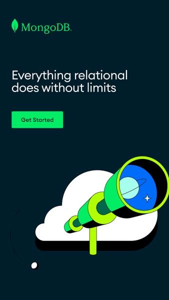 This ad for MongoDB uses a visual metaphor of a telescope looking at a planet to convey the idea that MongoDB allows you