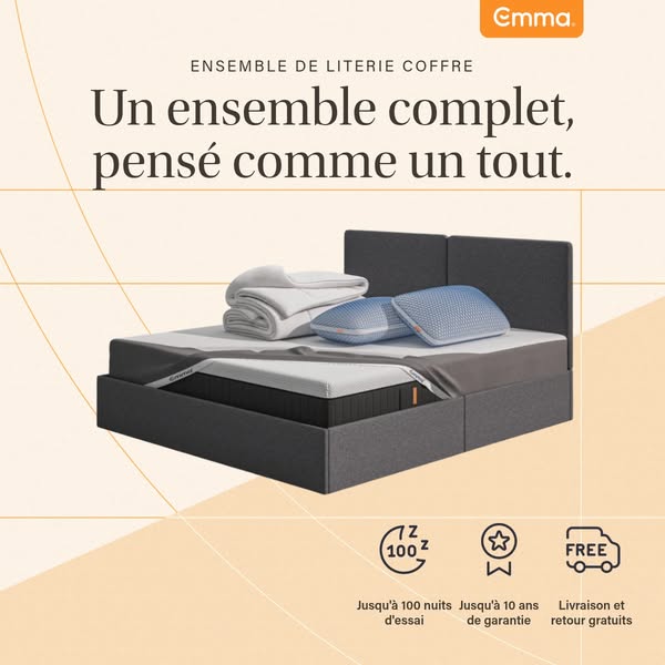 This image ad from Emma promotes a complete bed set with a focus on the included trial period, warranty, and free shippi