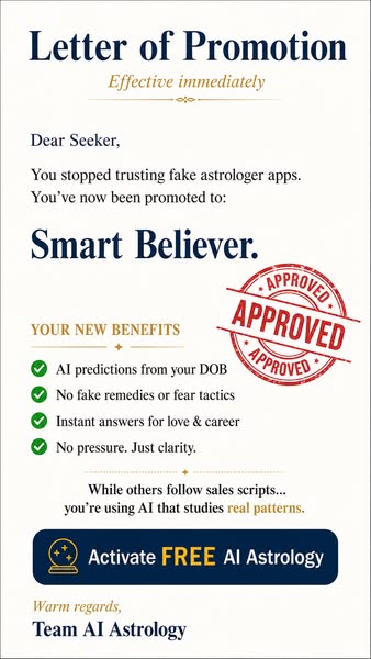 The ad is designed to look like a letter of promotion from Team AI Astrology. It congratulates the user on becoming a &#