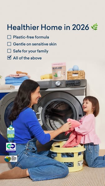 An image ad features a woman and child loading a washing machine, next to a list highlighting the product's key bene