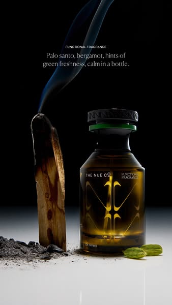 This ad showcases The Nue Co's Functional Fragrance, highlighting its calming properties and natural ingredients lik