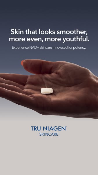 This Tru Niagen ad features a hand holding a single white tablet. The text focuses on the product being innovated for po