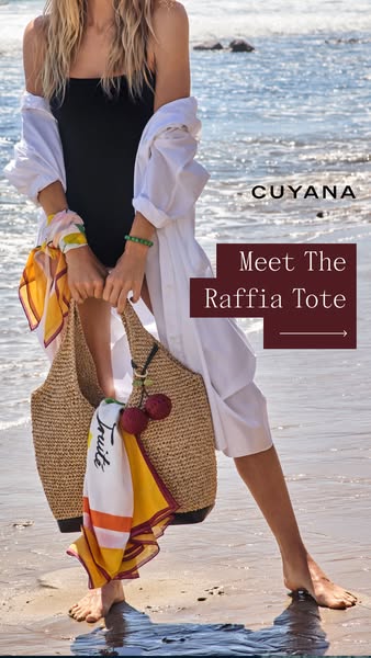 This ad showcases the Cuyana Raffia Tote through a lifestyle image set on a beach, emphasizing its stylish design and su
