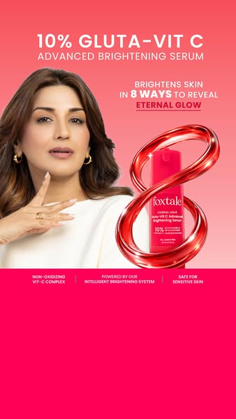 The ad showcases Foxtale's Gluta-Vit C Advanced Brightening Serum. It emphasizes the product's ability to bright