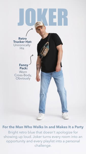 This image ad showcases a model wearing a retro trucker hat, a fanny pack worn cross-body, and bright retro blue jeans. 