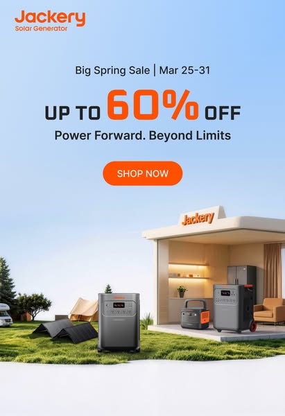 This ad showcases Jackery's solar generator and promotes its Spring Sale, offering up to 60% off.