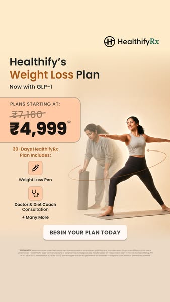 This ad promotes HealthifyRx weight loss plans, highlighting their inclusion of GLP-1, doctor and diet coach consultatio