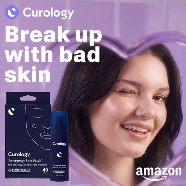 This image ad for Curology features a woman winking with the Curology Emergency Spot Patch and Gel Moisturizer prominent