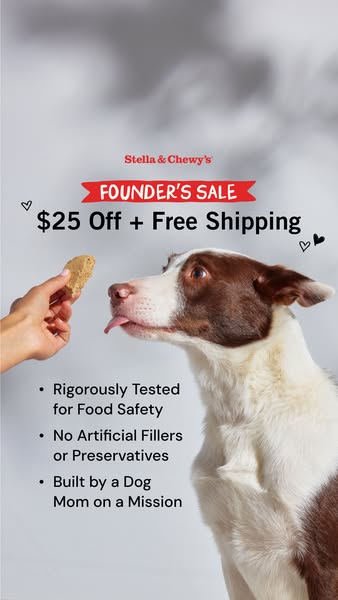 The ad for Stella & Chewy's highlights their founder's sale with a discount of $25 off and free shipping. Th