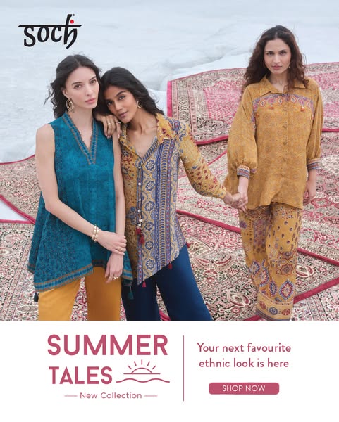 This image ad showcases a women's clothing brand with several models wearing ethnic clothing. It presents a new coll