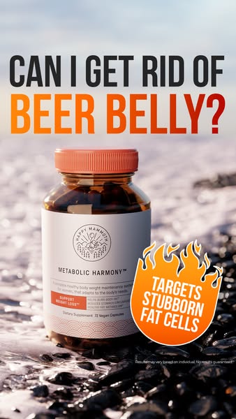 Image ad for Happy Mammoth's Metabolic Harmony supplement, which claims to target stubborn fat cells. The ad poses a