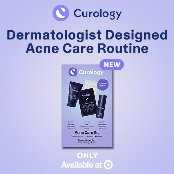 An ad for the Curology Acne Care Kit available at Target, featuring a dermatologist-designed 3-step routine for clearer-
