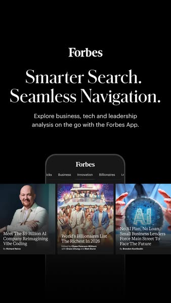 This ad promotes the Forbes app, highlighting its benefits for business, tech, and leadership analysis on the go. It sho