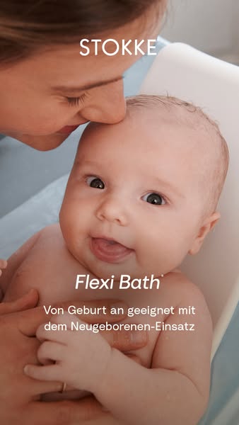 This ad features a Stokke Flexi Bath with a newborn insert. A woman is seen holding a baby in the bath, with the tagline