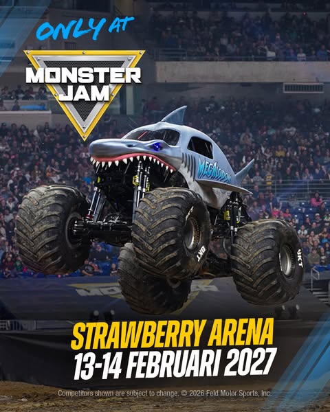 This image is an ad for Monster Jam at the Strawberry Arena from February 13-14, 2027.