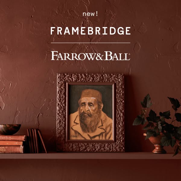 This ad promotes a new partnership between Framebridge and Farrow & Ball, showcasing a framed piece of art hanging o