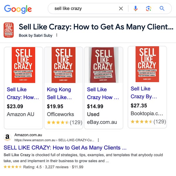 This ad is a Google search result for the book "Sell Like Crazy" by Sabri Suby. It shows multiple listings fro