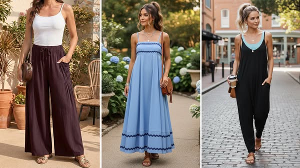 This image ad showcases three different outfits from the brand, each worn by a model in an outdoor setting. The outfits