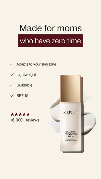 This image ad for Meroda Changing Foundation is targeted towards moms who are short on time. It highlights product featu