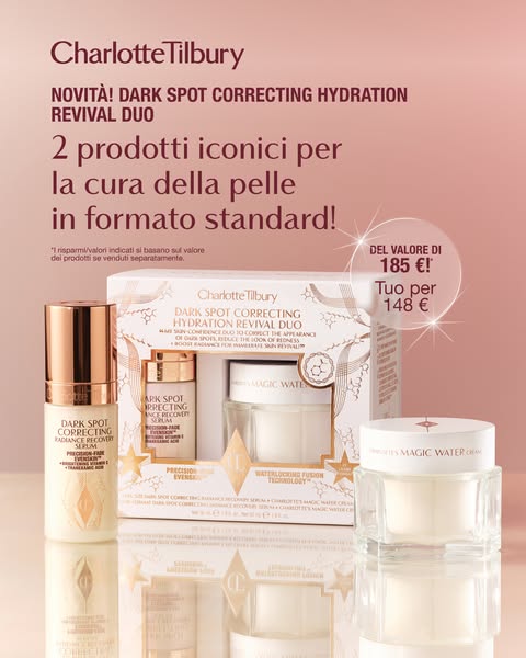 This ad showcases the Charlotte Tilbury Dark Spot Correcting Hydration Revival Duo. The ad highlights the two iconic pro