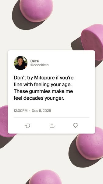 This ad features a social media post from a customer who says that Mitopure gummies make them feel decades younger.