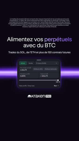This ad for Kraken Pro promotes perpetual trading with BTC, SOL, and ETH. It showcases a trading interface with various 