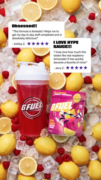 The image promotes G Fuel's Hype Sauce energy formula through customer testimonials, a product demonstration showing