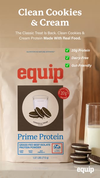This ad for Equip brand Cookies and Cream protein powder emphasizes the cleanliness of the ingredients, dairy-free benef