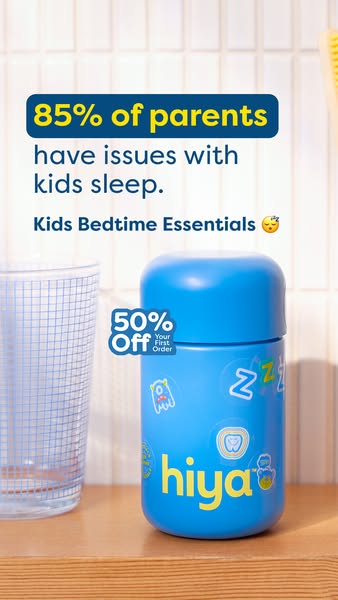 This ad addresses parents' concerns about kids' sleep issues and promotes a bedtime essentials product with a di