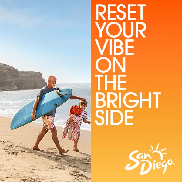 The ad features a family walking on a beach. The ad's headline, "Reset your vibe on the bright side," is a