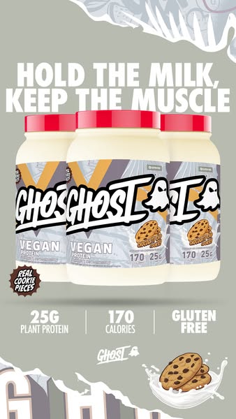This ad for Ghost Vegan Protein features the product itself, calling out key features like 25g of plant protein, 170 cal
