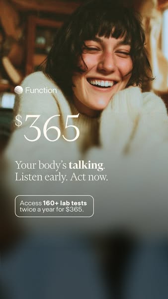 This image ad for Function promotes their health testing service, highlighting a yearly price, the ability to access 160