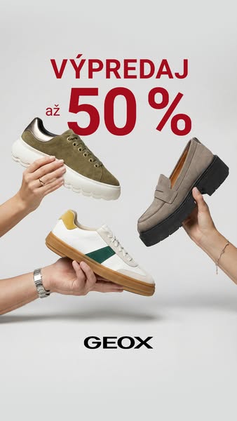 This image ad features three different styles of Geox shoes being held up by separate people. The ad promotes a sale of 