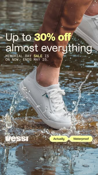 The ad showcases a pair of Vessi sneakers being splashed with water to demonstrate that they are waterproof. Text at the