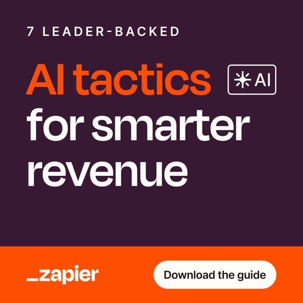 This image ad promotes a downloadable guide on AI tactics for revenue generation. The ad features a dark purple backgrou