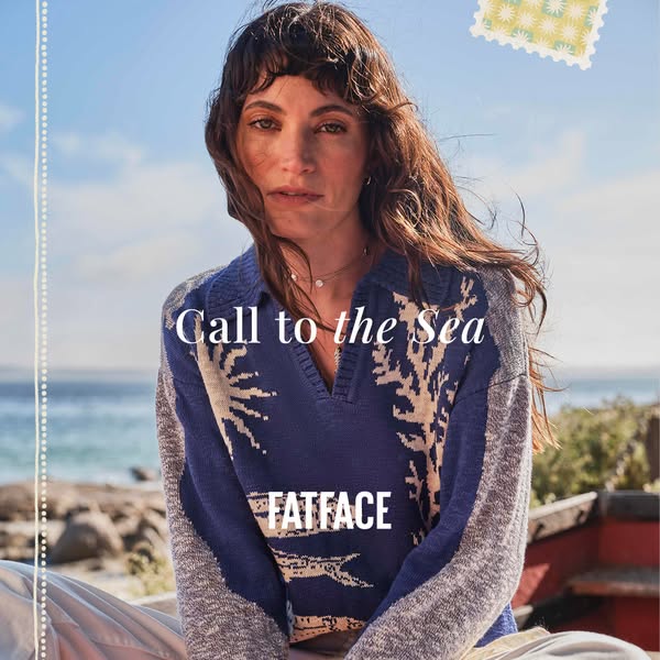 This FatFace image ad features a woman wearing a patterned knit sweater on a sunny day. The ad includes the text "C
