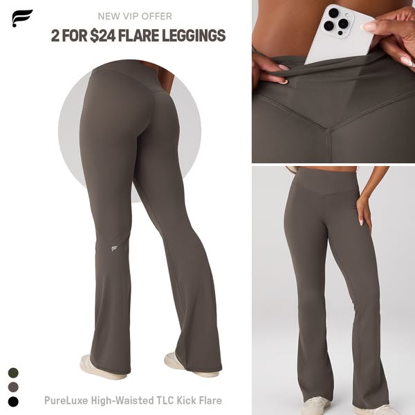 This ad features a promotion for flare leggings, highlighting a VIP offer of 2 for $24. The ad also shows the leggings b