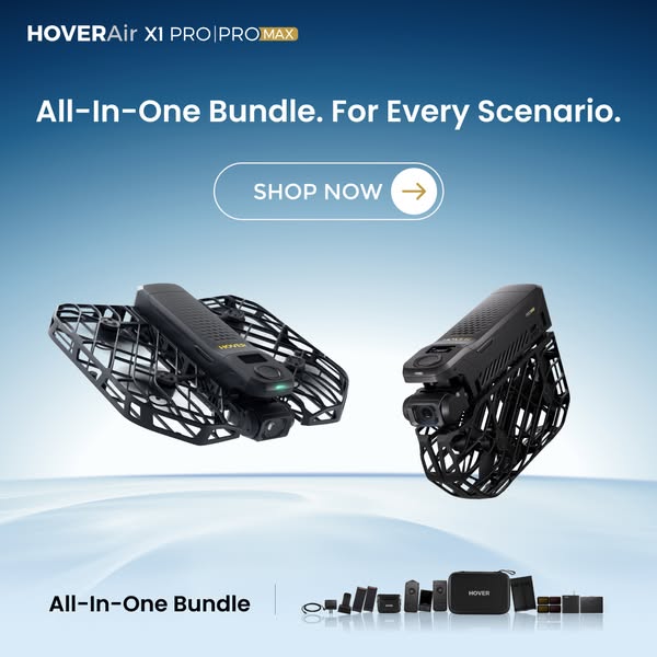 This ad promotes the HoverAir X1 PRO/PRO MAX all-in-one bundle, highlighting its versatility for various scenarios and e