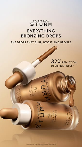 This image ad for Dr. Barbara Sturm's Everything Bronzing Drops features a close-up product shot that emphasizes the