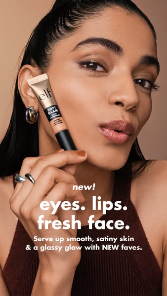 This ad features a close-up shot of a woman holding e.l.f.'s Soft Glam Satin Matte Concealer. The ad highlights the 