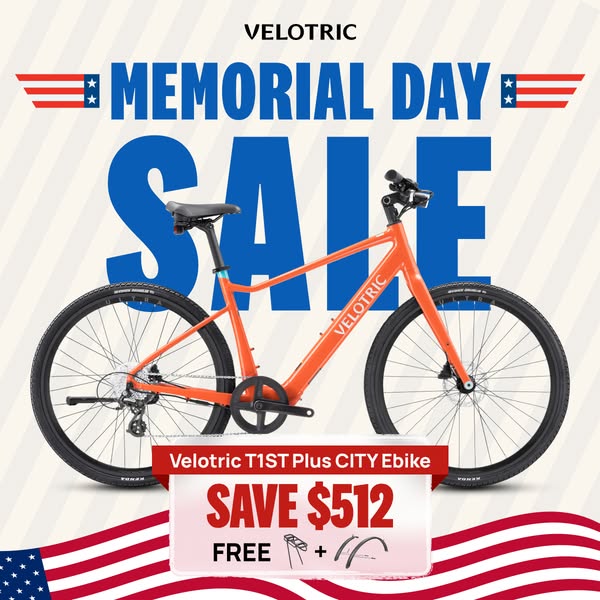 This is an image ad for Velotric promoting a Memorial Day sale on the Velotric T1ST Plus CITY Ebike. The ad highlights a
