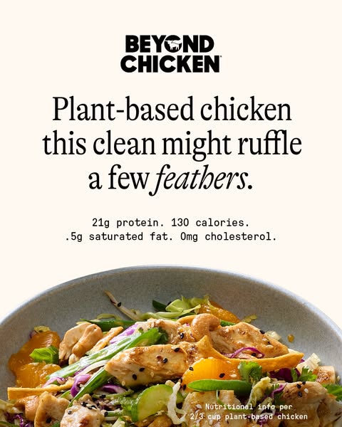 This image ad for Beyond Chicken features a bowl of plant-based chicken salad and text that highlights the product's