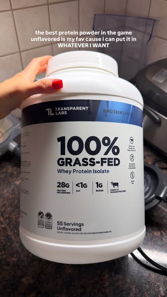 This ad features user-generated content in which a content creator holds a large container of Transparent Labs 100% Gras