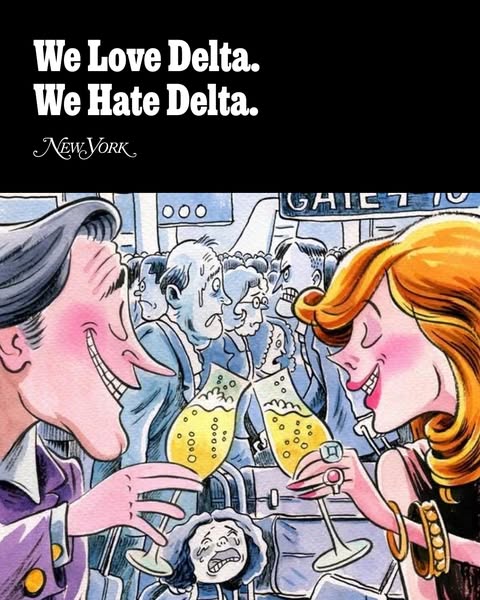This image presents a cartoon illustration to convey the relatable yet conflicting experience of using Delta Airlines, s