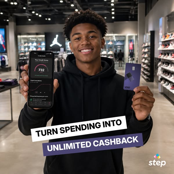 This ad features a young man showing off the Step banking card and app in a retail clothing store. The ad emphasizes the