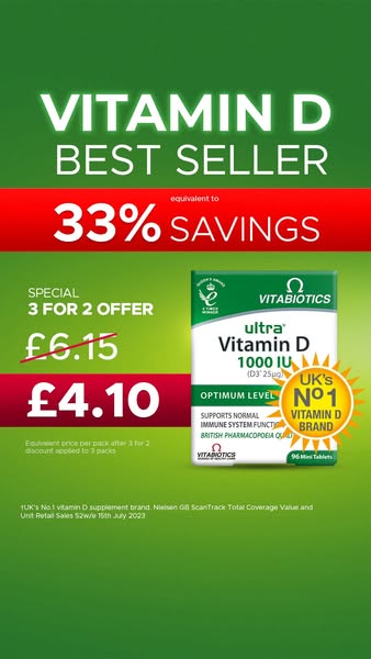 An image ad promoting Vitabiotics Ultra Vitamin D tablets with a special 3 for 2 offer, emphasizing its status as the UK