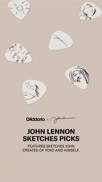This ad is for John Lennon Sketches Picks created by D'Addario and features the sketches of John Lennon of Yoko and 
