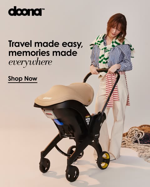 This ad shows a woman pushing the Doona stroller, with the text overlay 'Travel made easy, memories made everywhere&