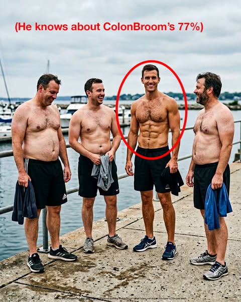 This image ad features four men on a pier, contrasting one fit man highlighted with a red circle with three men of heavi