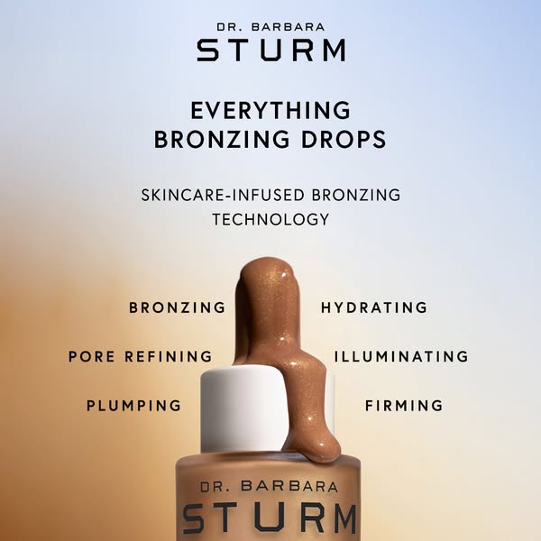 This image ad showcases Dr. Barbara Sturm's Everything Bronzing Drops and highlights its skincare benefits.